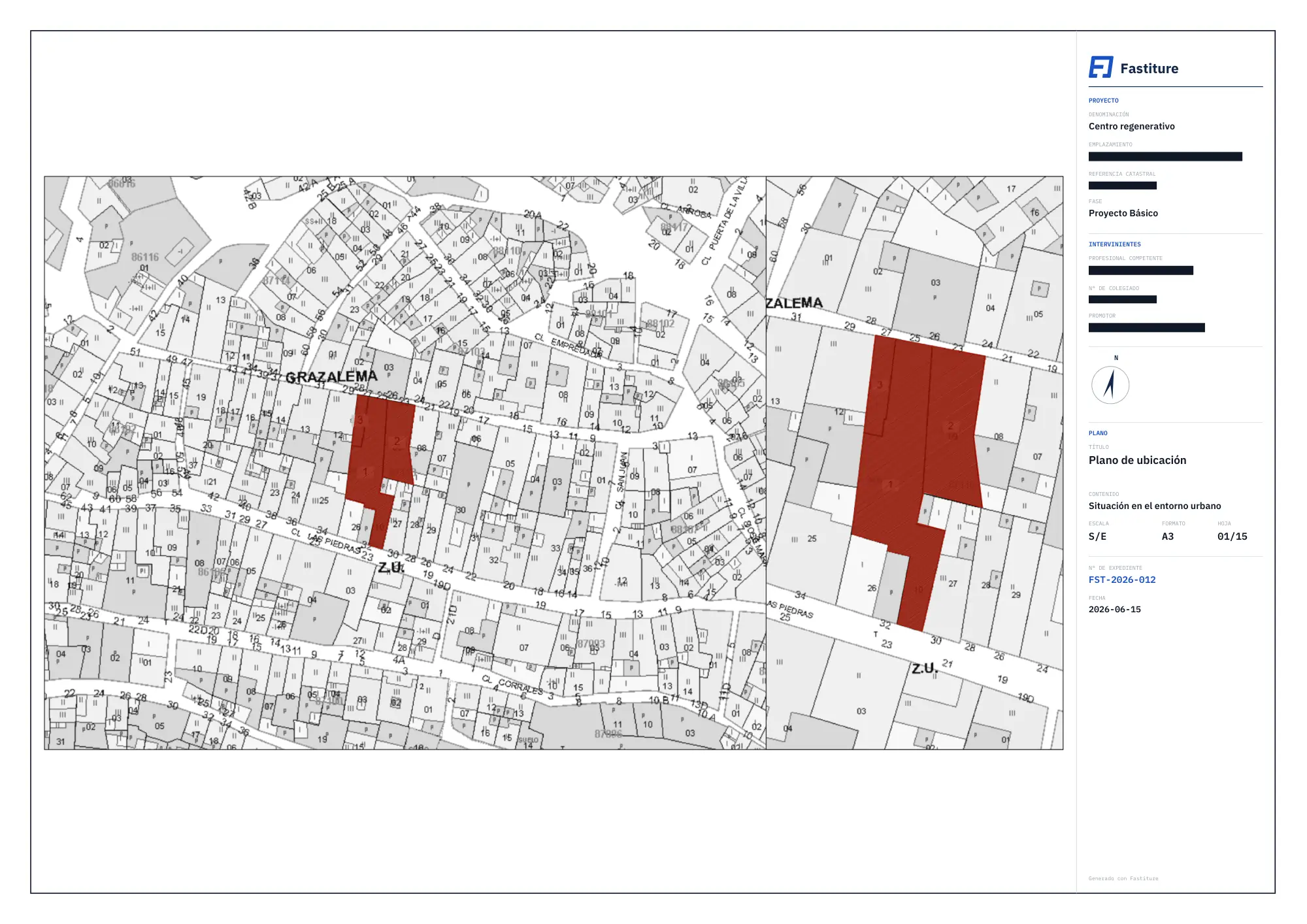 Lámina 01: Plano de ubicación, situación en el entorno urbano, con cajetín Fastiture