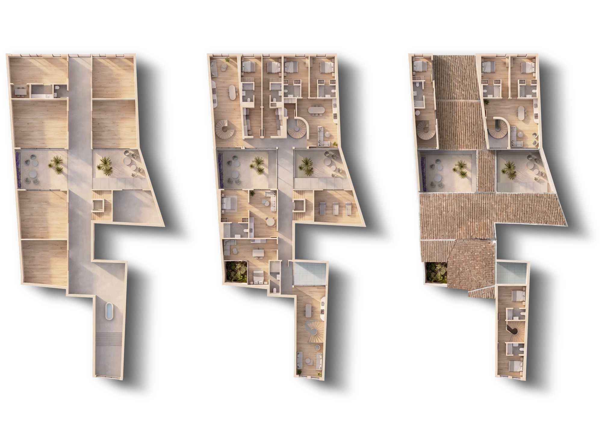Plano render de un edificio de tres plantas, amueblado y con sombras